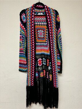 Boho N1 Los Angeles Multicolor Crochet Fringe Cardigan - Black Trim size M